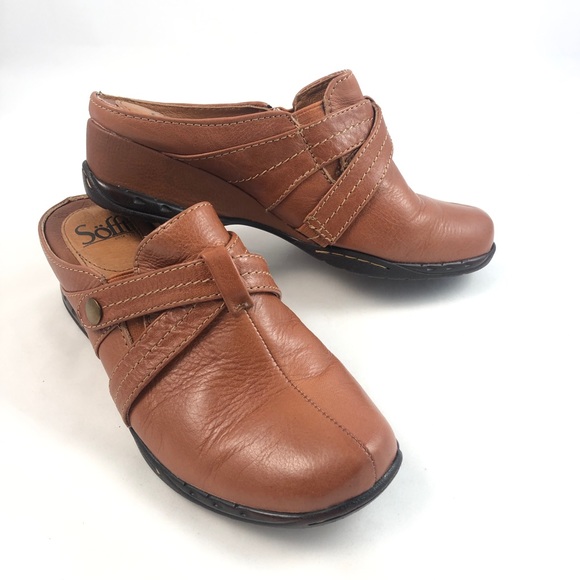 Sofft Brown Leather Clogs Mules with Wedge Heel 7W - Picture 1 of 10